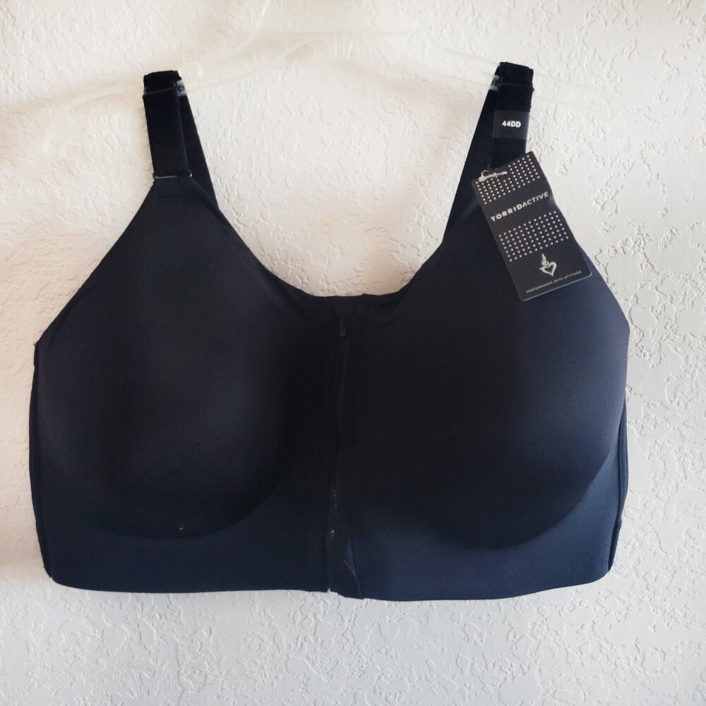 New Torrid Active High Impact Sports Bra 44DD Zip Front Black NWT Wireless